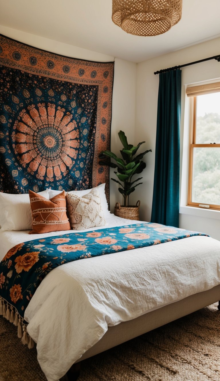 A cozy bedroom with a vibrant floral tapestry, earthy boho decor, and natural light streaming through the window