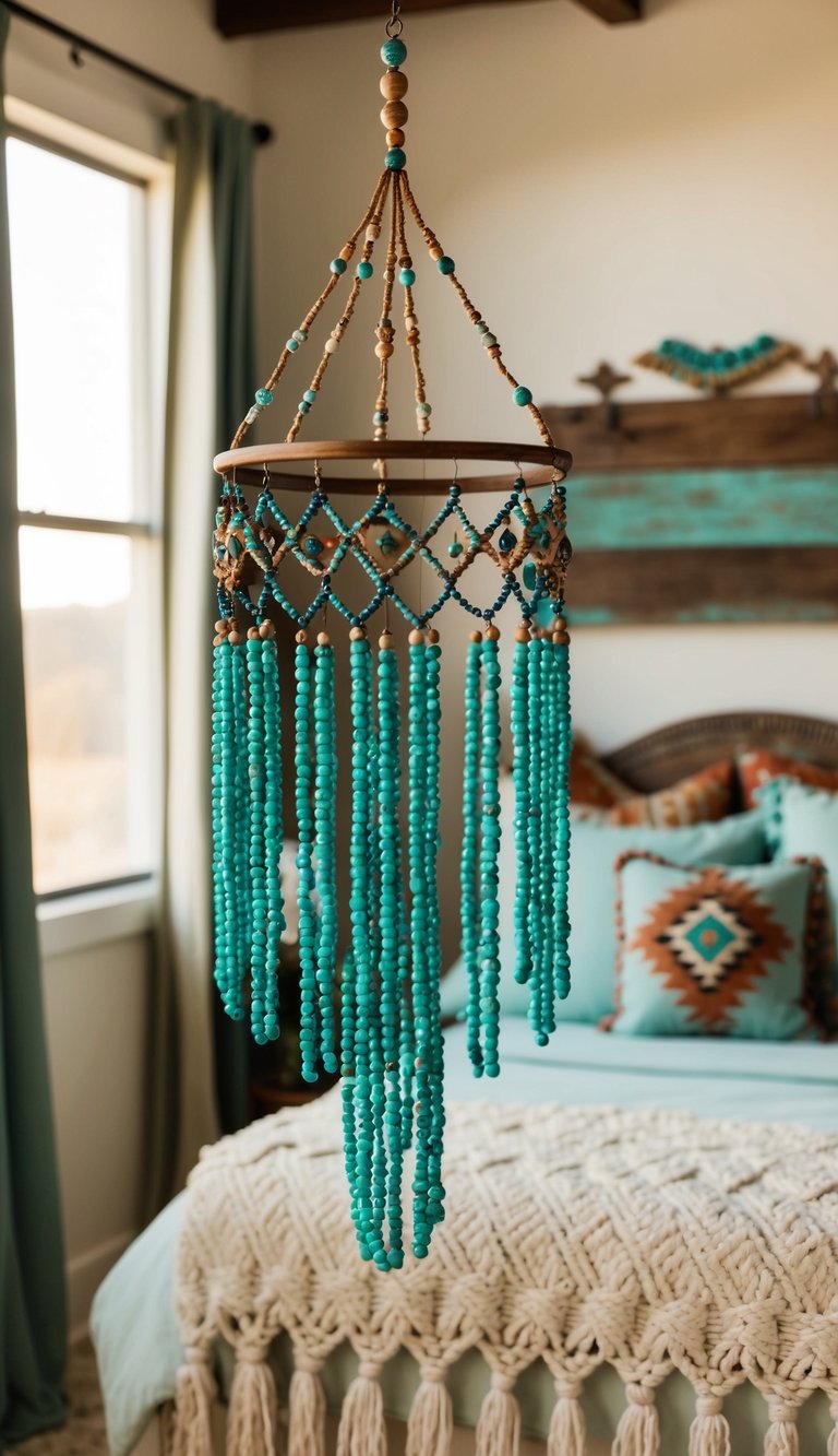 A turquoise beaded mobile hangs above a cozy, bohemian-inspired bedroom with rustic western accents