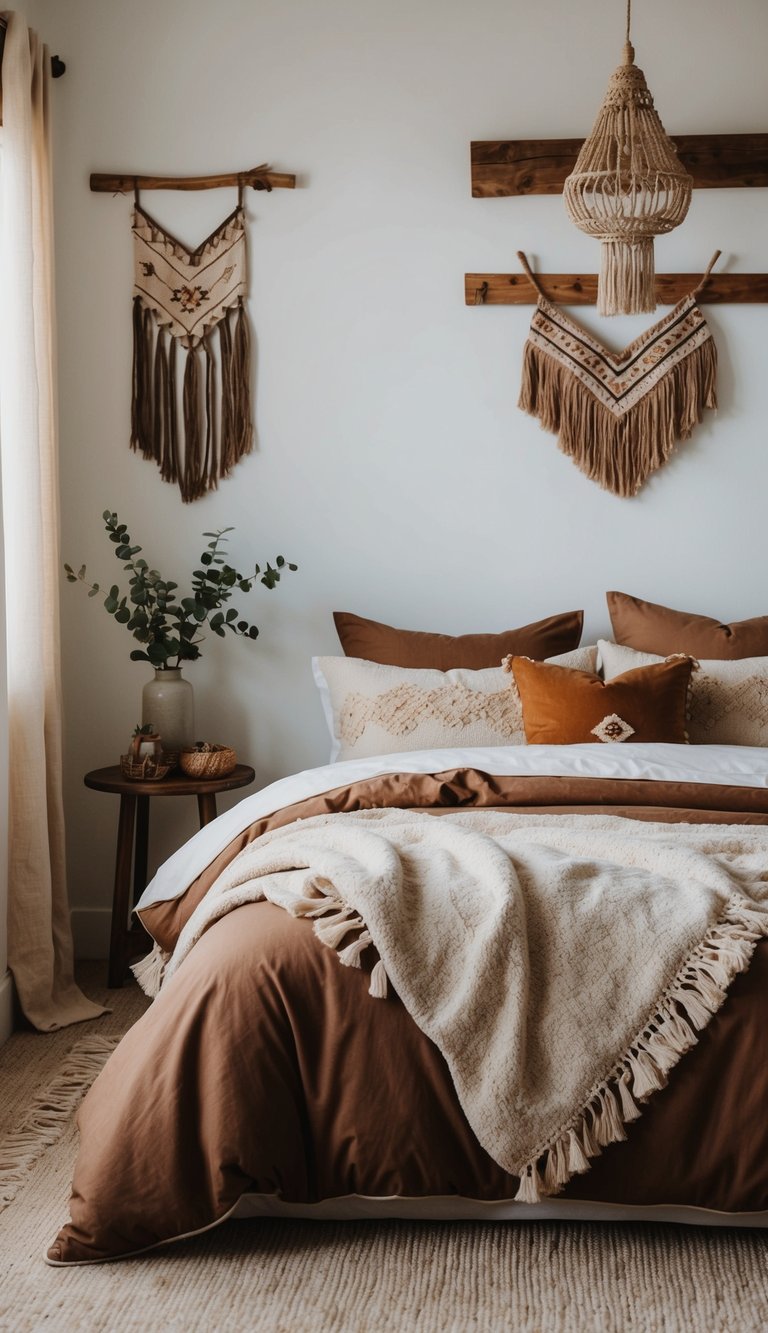 A cozy bed with an earth-toned duvet cover surrounded by western boho decor in a bedroom