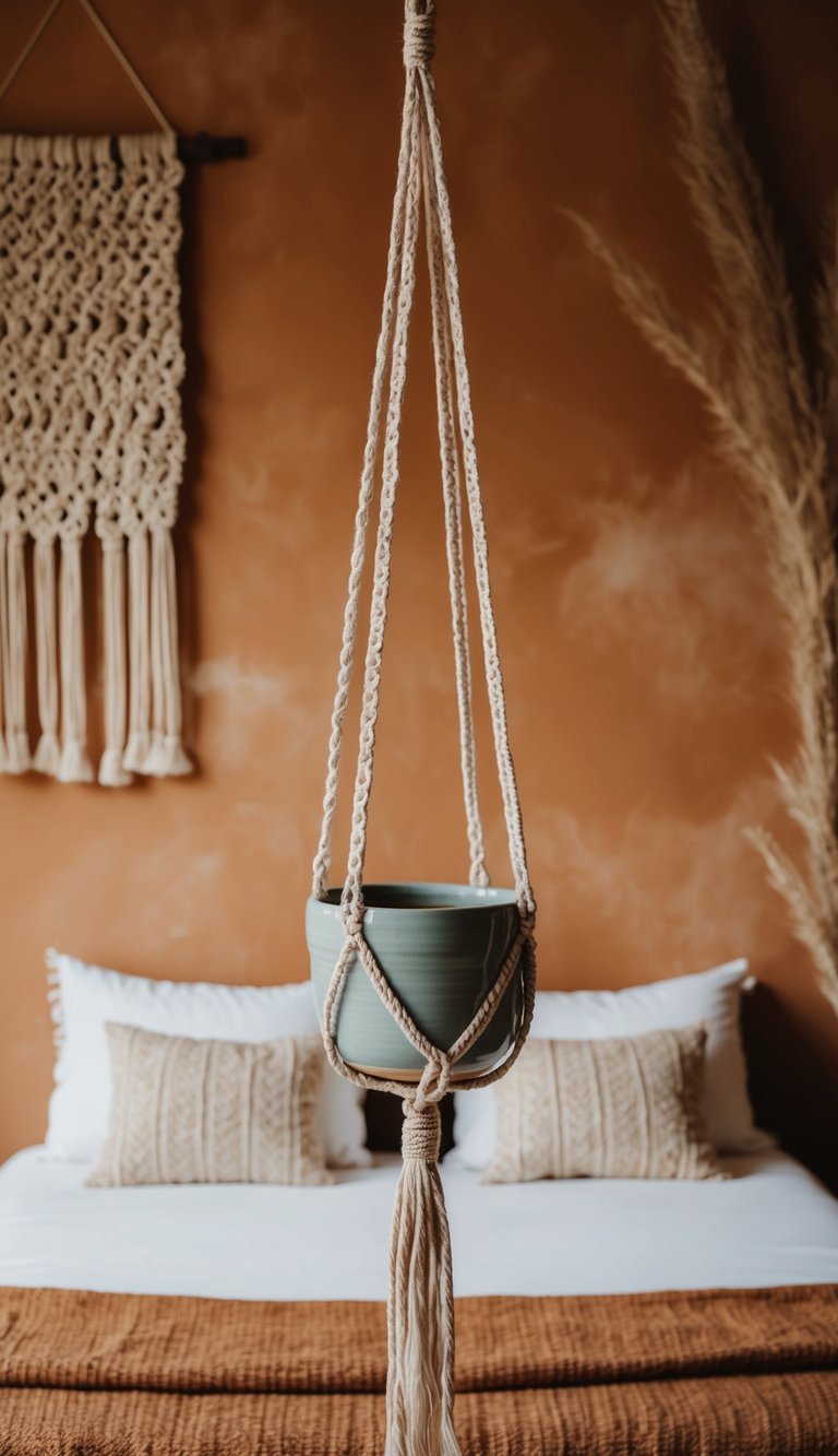 A ceramic hanging planter hangs from a macramé rope against a backdrop of warm, earthy tones and woven textures in a bohemian-inspired bedroom