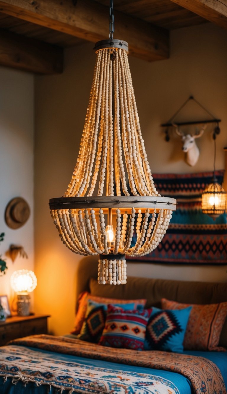 A rustic wooden beaded chandelier hangs above a cozy western boho bedroom, casting warm light on the eclectic decor