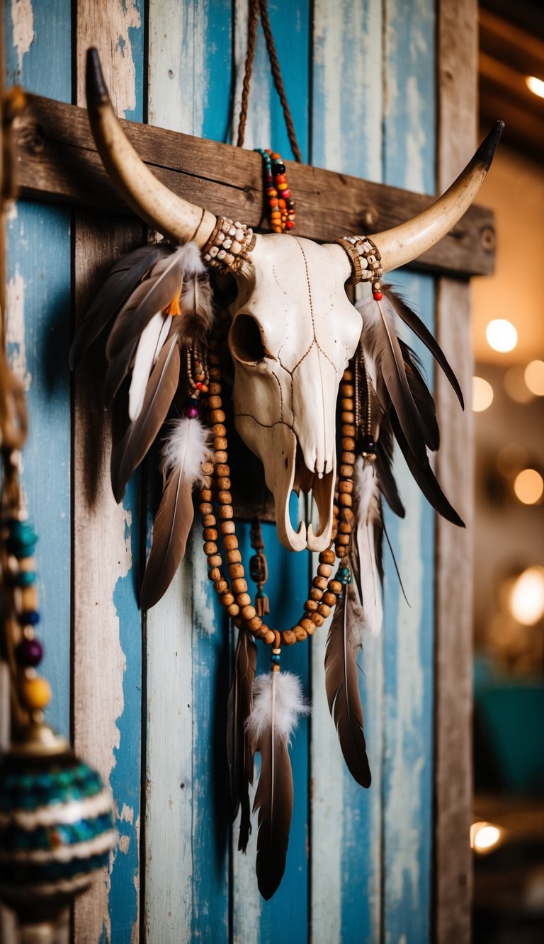 A cow skull adorned with feathers and beads hangs on a weathered wooden wall, surrounded by rustic, bohemian decor