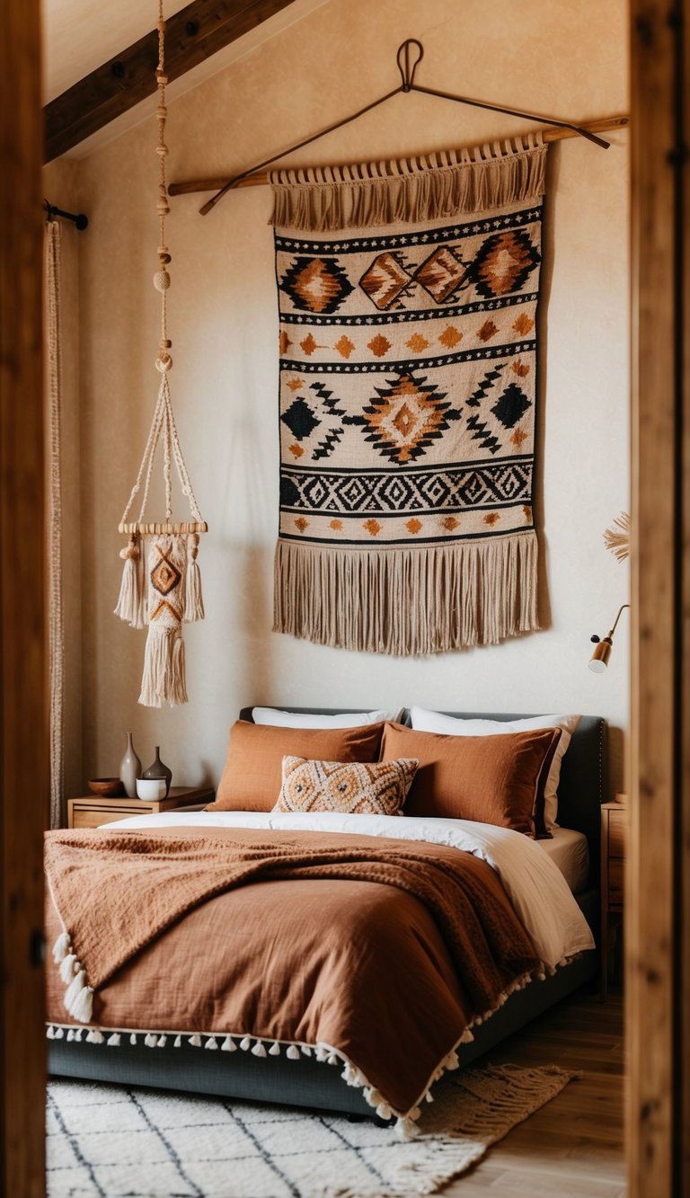 A cozy bedroom with warm, earthy tones and a mix of Western and bohemian decor. A large textile wall art piece featuring geometric patterns and fringe hangs above the bed