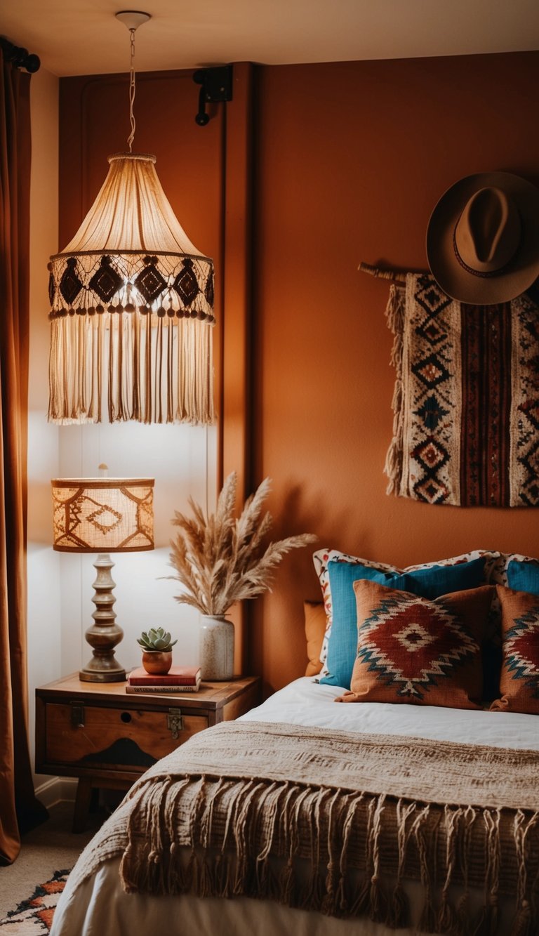 A cozy, eclectic bedroom with a Bohemian fringe lampshade, warm colors, and western-inspired decor