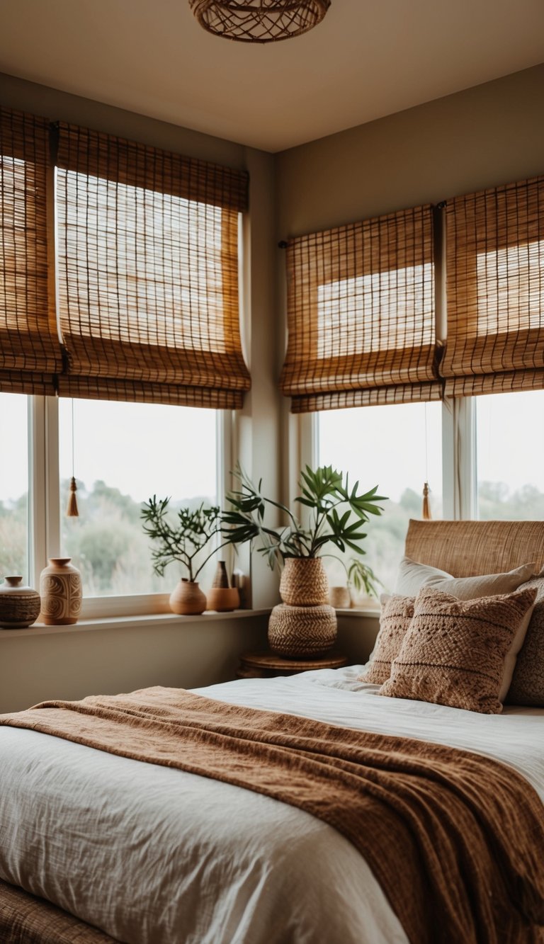 A cozy bedroom with bamboo blinds, earthy tones, and bohemian decor