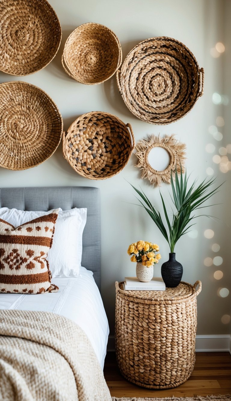 A cozy bedroom with woven straw baskets as wall decor, creating a western boho vibe