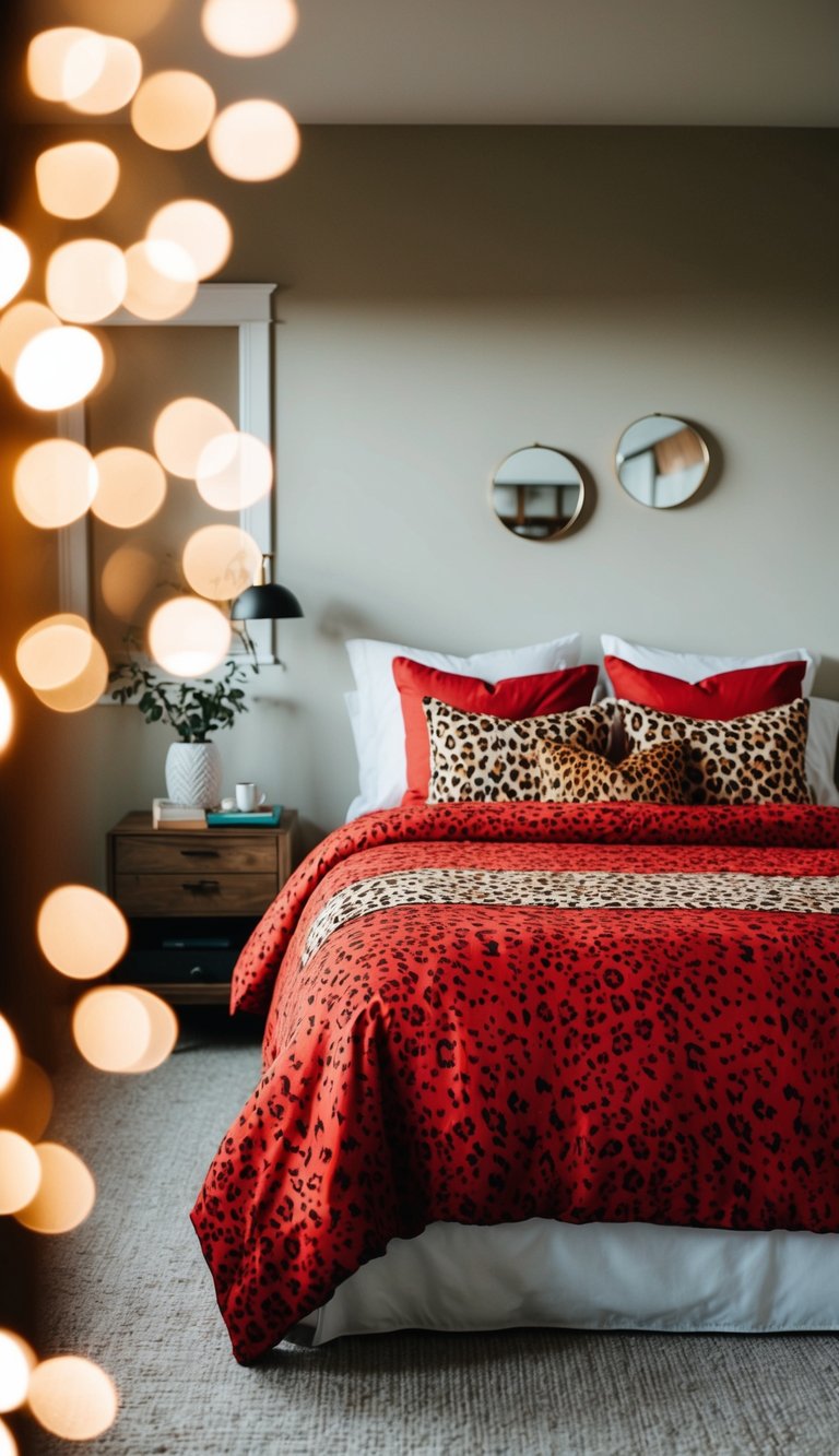 A cozy bedroom with a red cheetah print bedspread and matching decor