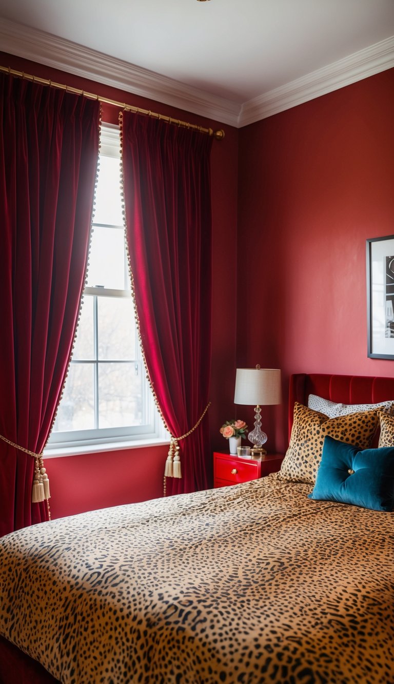 Crimson velvet curtains frame a cheetah-print bedding in a red bedroom