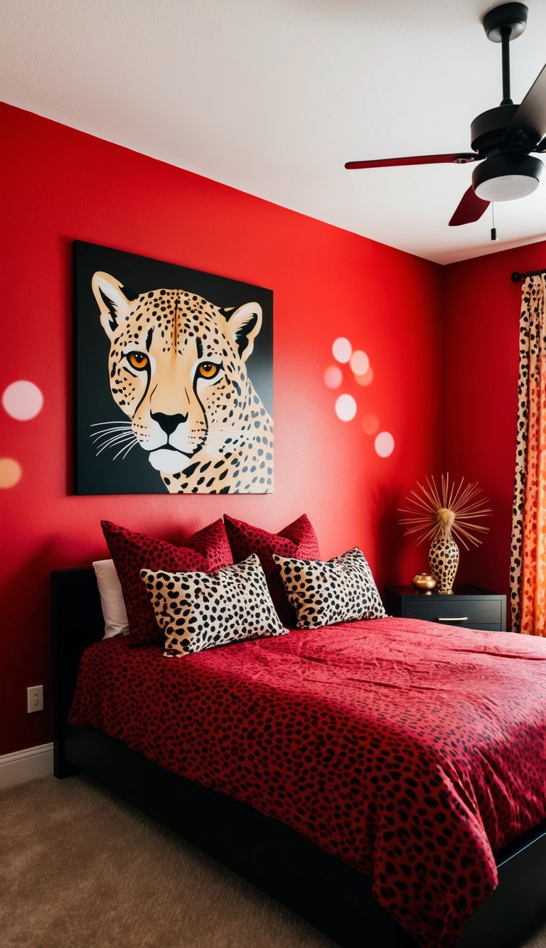 A red and cheetah-themed bedroom with a large cheetah wall art piece as the focal point