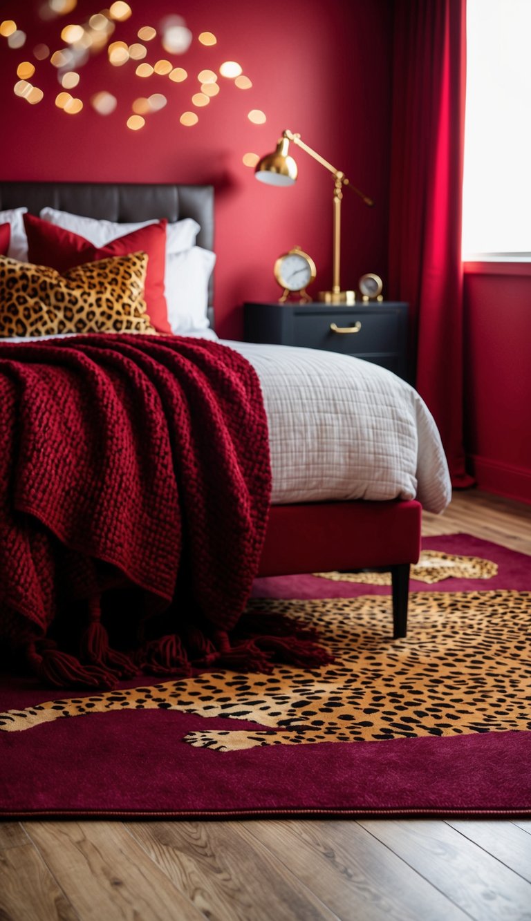 A burgundy area rug with a cheetah print lies in a red-themed bedroom