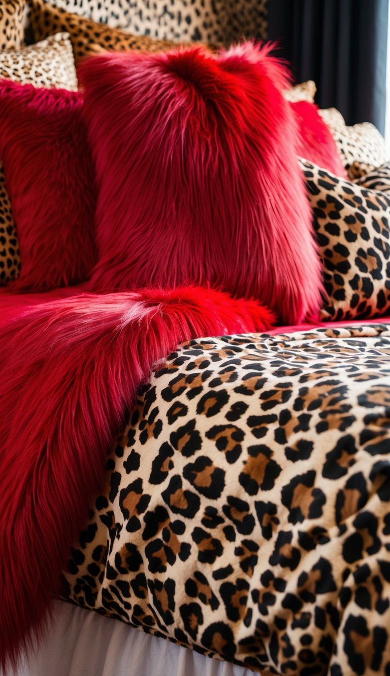 A cozy red faux fur throw draped over a cheetah print bedding in a red and cheetah themed bedroom