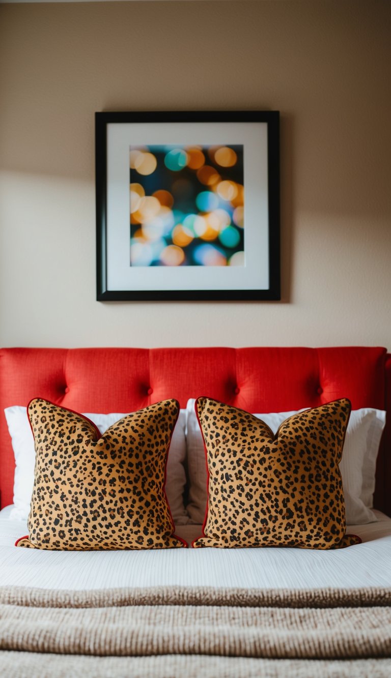 A cozy bedroom with red accents and cheetah print cushions on a bed