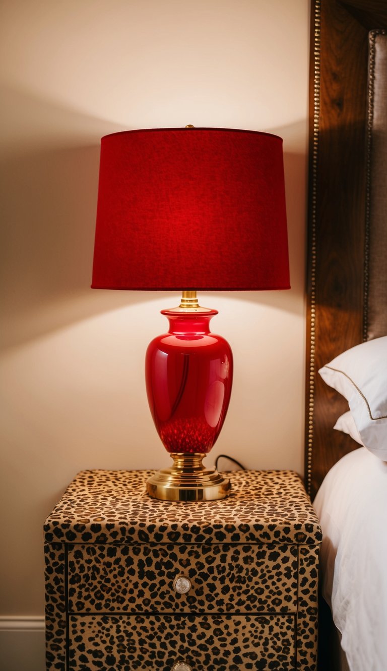 A red Ruby Table Lamp 22 sits on a cheetah-print bedside table in a cozy bedroom