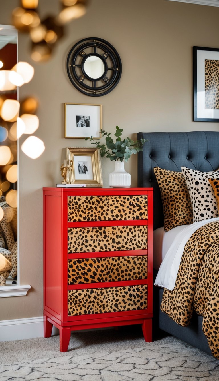 A red dresser with cheetah print drawers sits in a stylish bedroom with matching cheetah bedding and decor