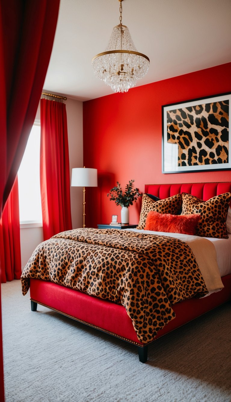 A vibrant red and cheetah print bedroom with a scarlet bed frame as the focal point