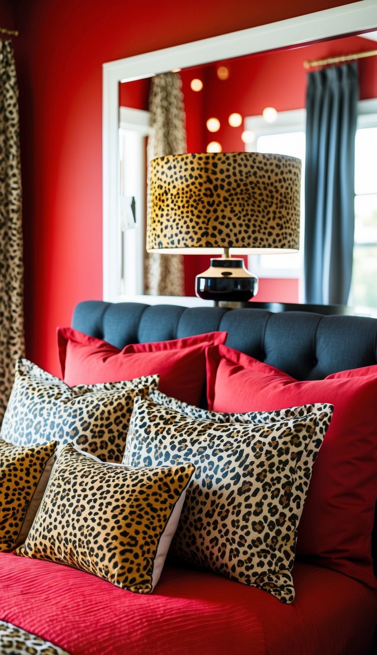 A red bedroom with leopard print lampshade, cheetah bedding, and 22 decorative pillows