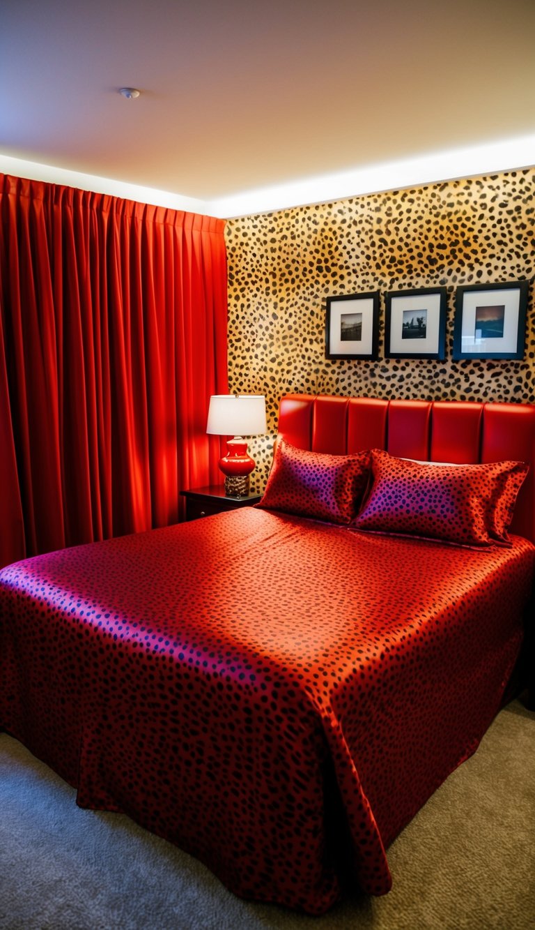 Red satin sheets cover a king-size bed in a cheetah-print bedroom, with matching red accents throughout