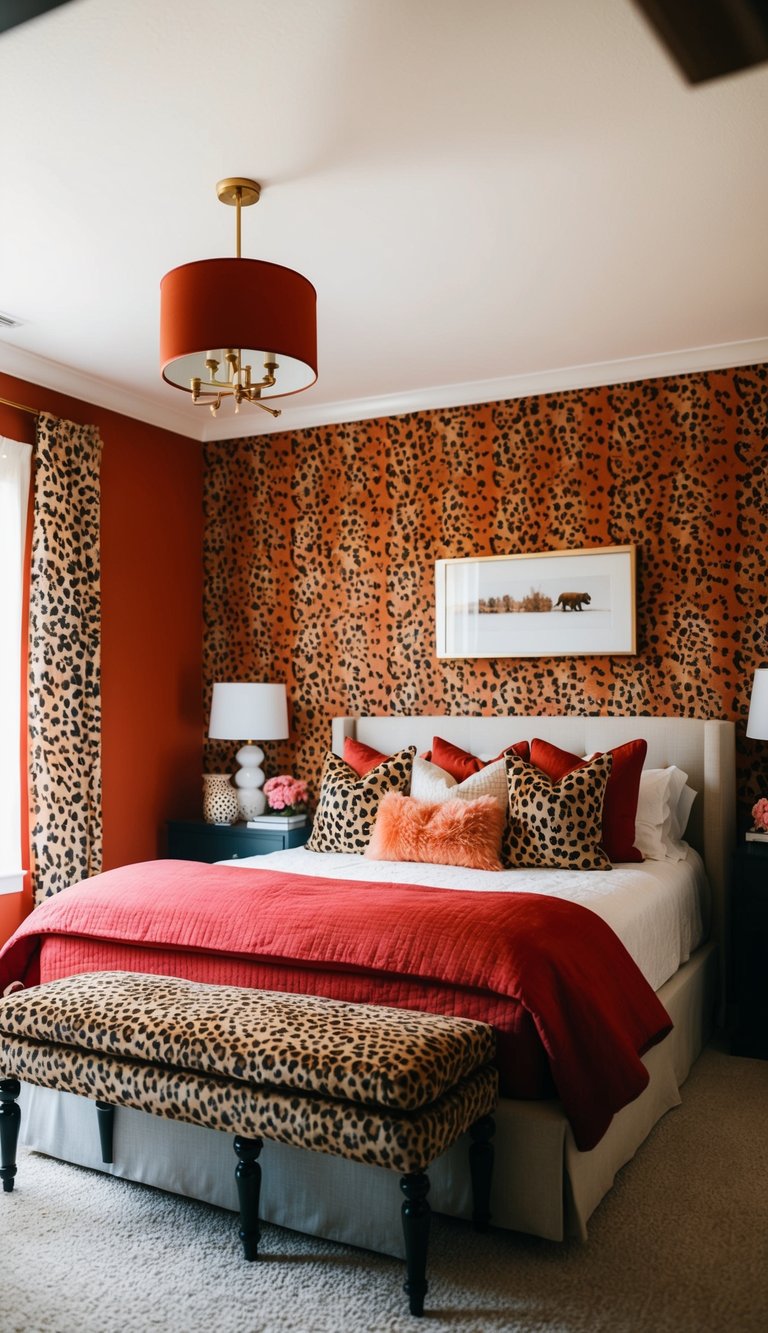 A cozy bedroom with red walls adorned with cheetah print wallpaper, a plush bed, and matching decor