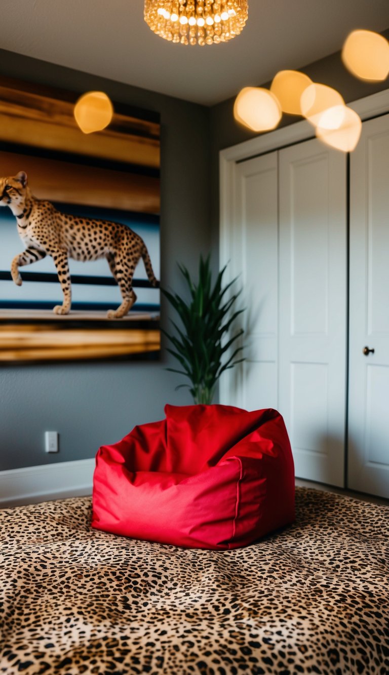 A cardinal red bean bag sits in a cheetah-print bedroom