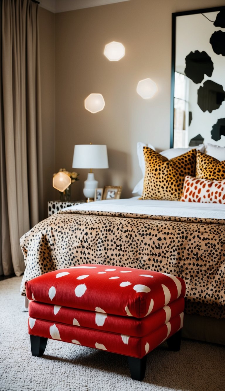 A red spotted ottoman sits in a cheetah-print bedroom