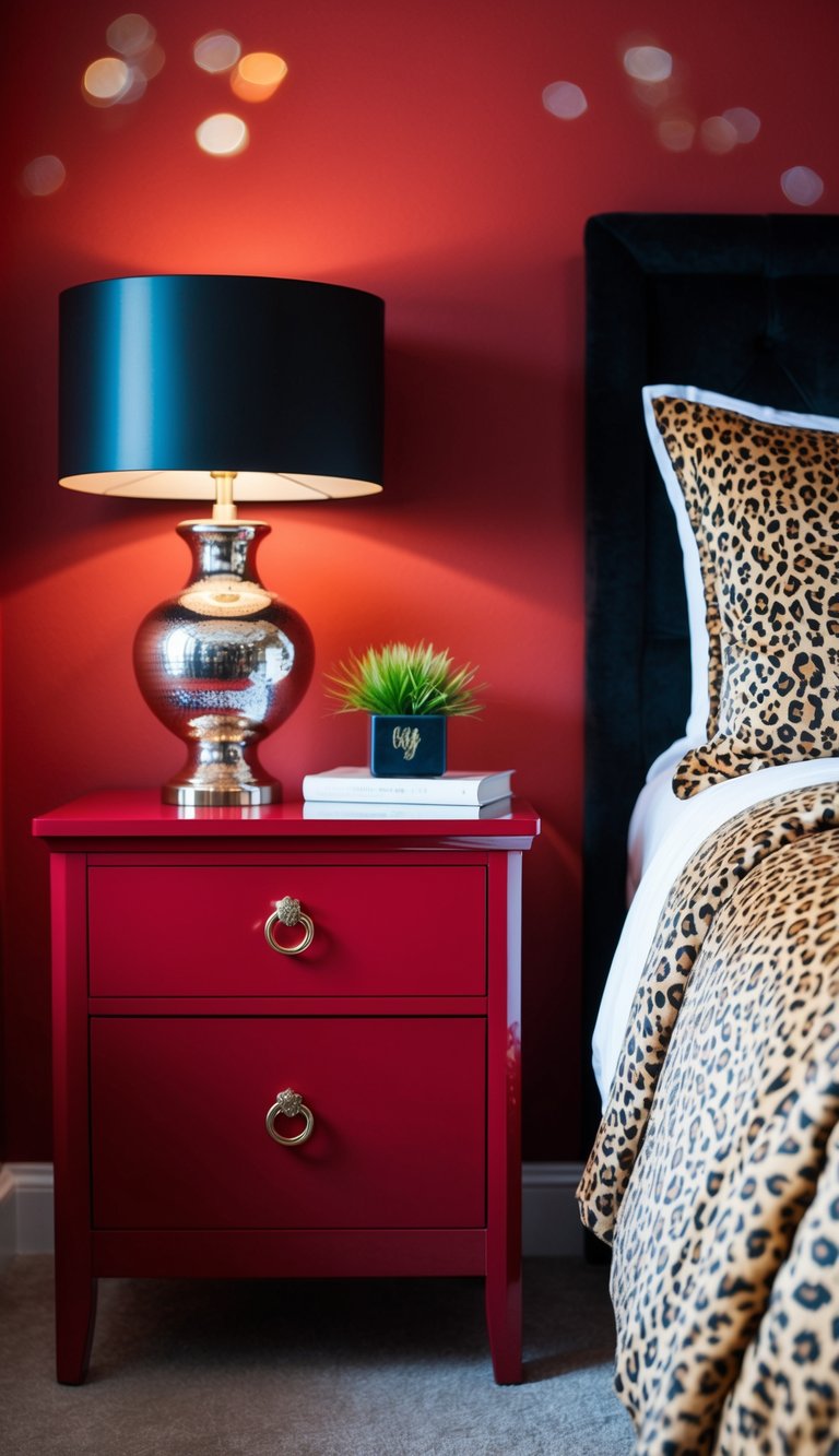 A crimson bedside table with cheetah print bedding in a red bedroom