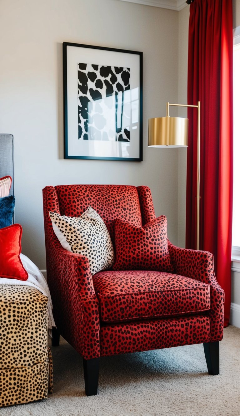 A red and cheetah print accent chair in a bedroom with matching decor and accessories