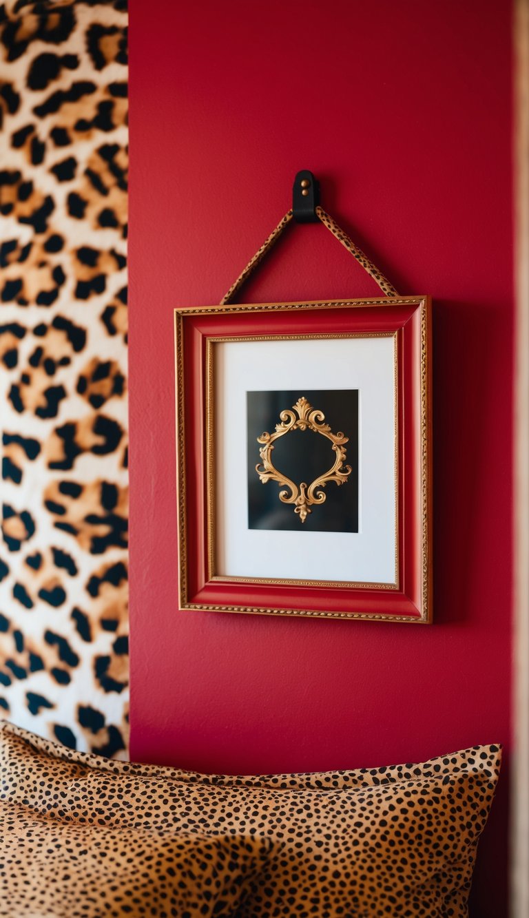 A vermilion picture frame hangs on a red wall in a cheetah-print themed bedroom