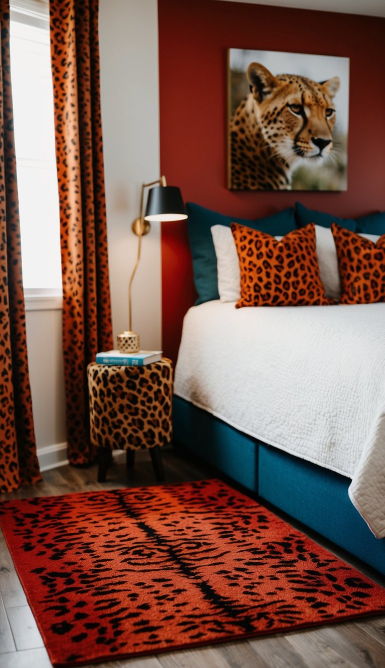 A red cheetah print floor mat in a bedroom with matching cheetah print decor