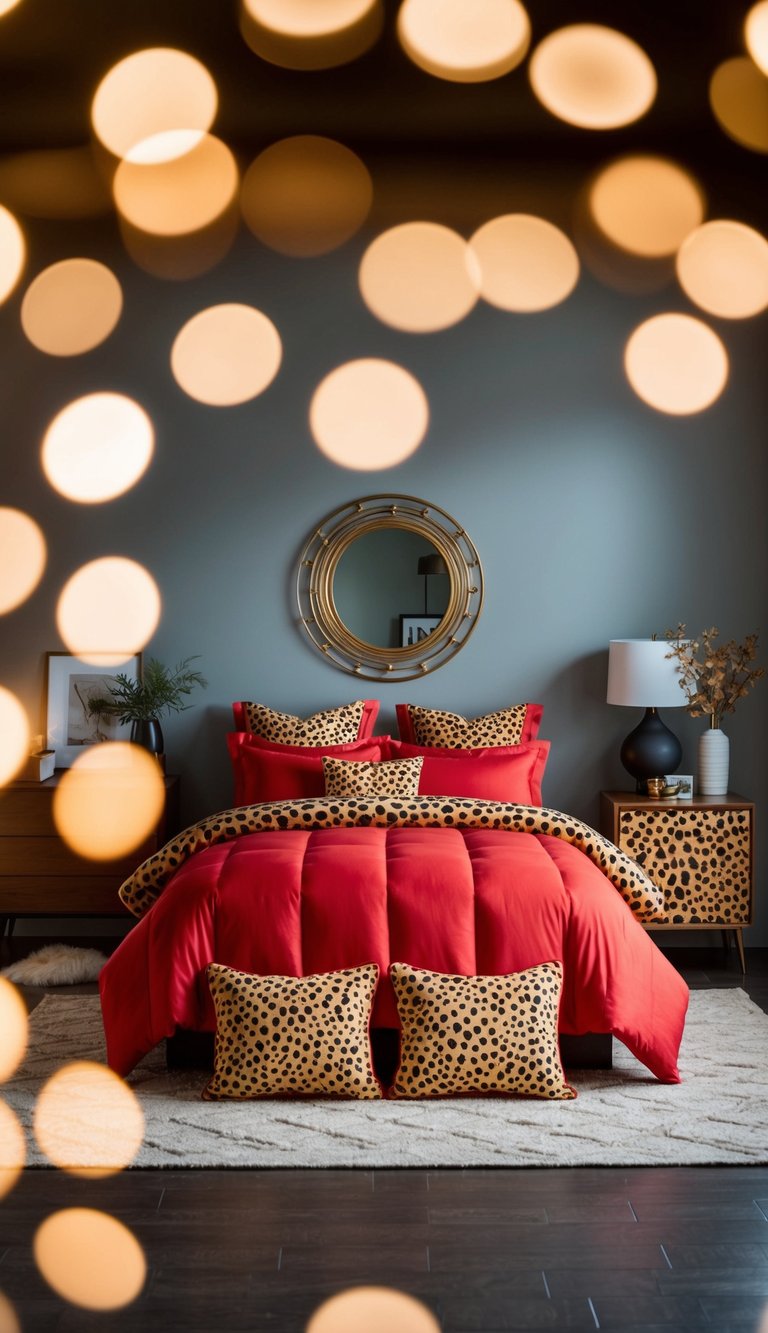 A bedroom with red bedding, cheetah print accents, and 22 matching pieces