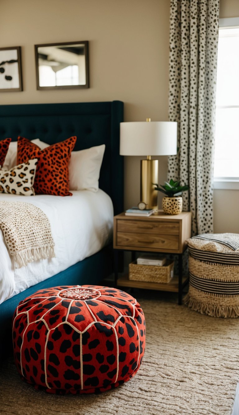 A cozy bedroom with a red cheetah print pouf as the focal point, surrounded by matching decor and