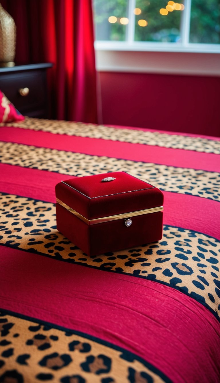 A ruby jewelry box sits on a red and cheetah print bedspread in a vibrant bedroom