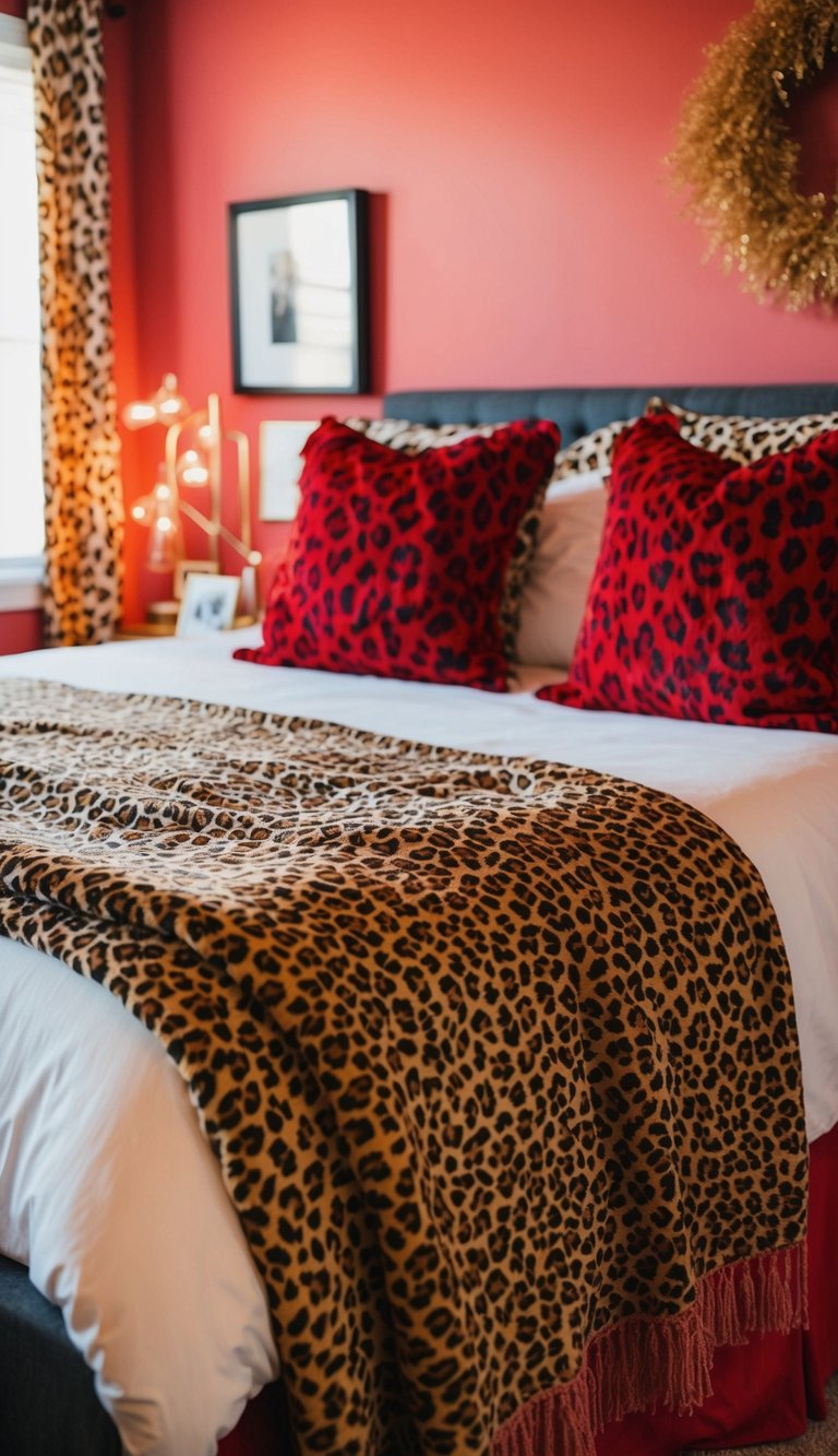 A cozy bedroom with a red and cheetah print theme, featuring a leopard print blanket draped over the bed