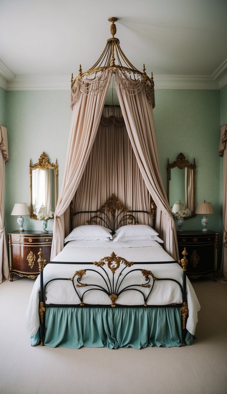 A lavish bedroom with a vintage wrought iron canopy bed, draped in flowing curtains, surrounded by antique furniture and soft, pastel colors