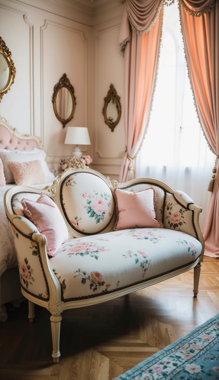 A chaise lounge with floral upholstery sits in a vintage princess aesthetic bedroom, surrounded by ornate decor and soft pastel colors