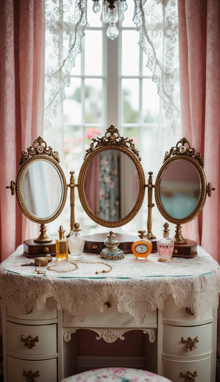 A vintage Victorian dressing table set with delicate lace, ornate mirrors, and antique perfume bottles in a princess-themed bedroom