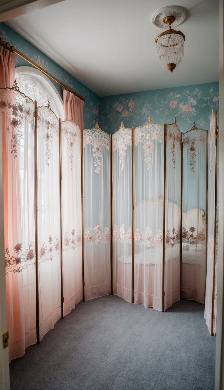 A vintage chiffon dressing room divider in a princess-themed bedroom, adorned with delicate lace and floral patterns, creating a dreamy and elegant atmosphere