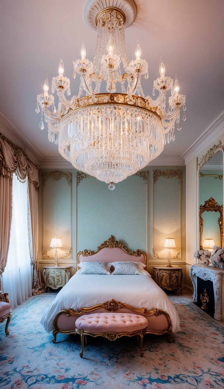 A grand crystal chandelier hangs above a luxurious vintage princess bedroom with ornate furniture and soft pastel colors