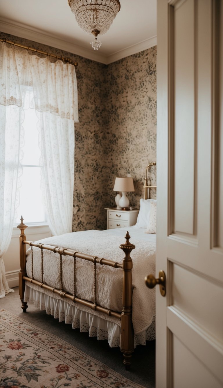 A cozy bedroom adorned with vintage floral wallpaper, delicate lace curtains, and antique furniture, evoking a princess aesthetic