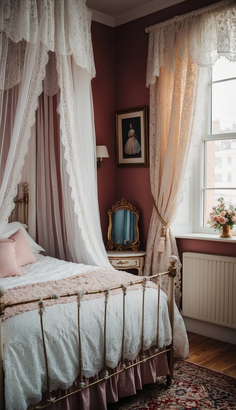 A cozy bedroom with lace canopy curtains, vintage furniture, and a princess aesthetic