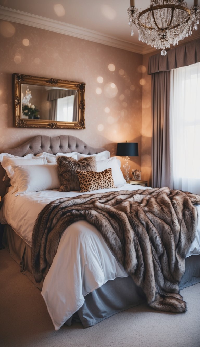 A cozy bedroom with a vintage princess aesthetic, featuring a faux fur throw blanket draped over a luxurious bed