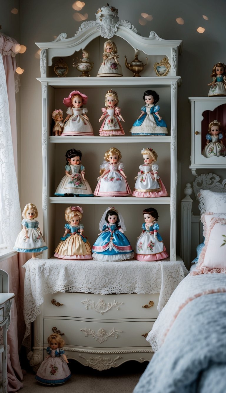 A cozy bedroom filled with vintage porcelain dolls in princess attire, displayed on ornate shelves and delicate lace-covered furniture