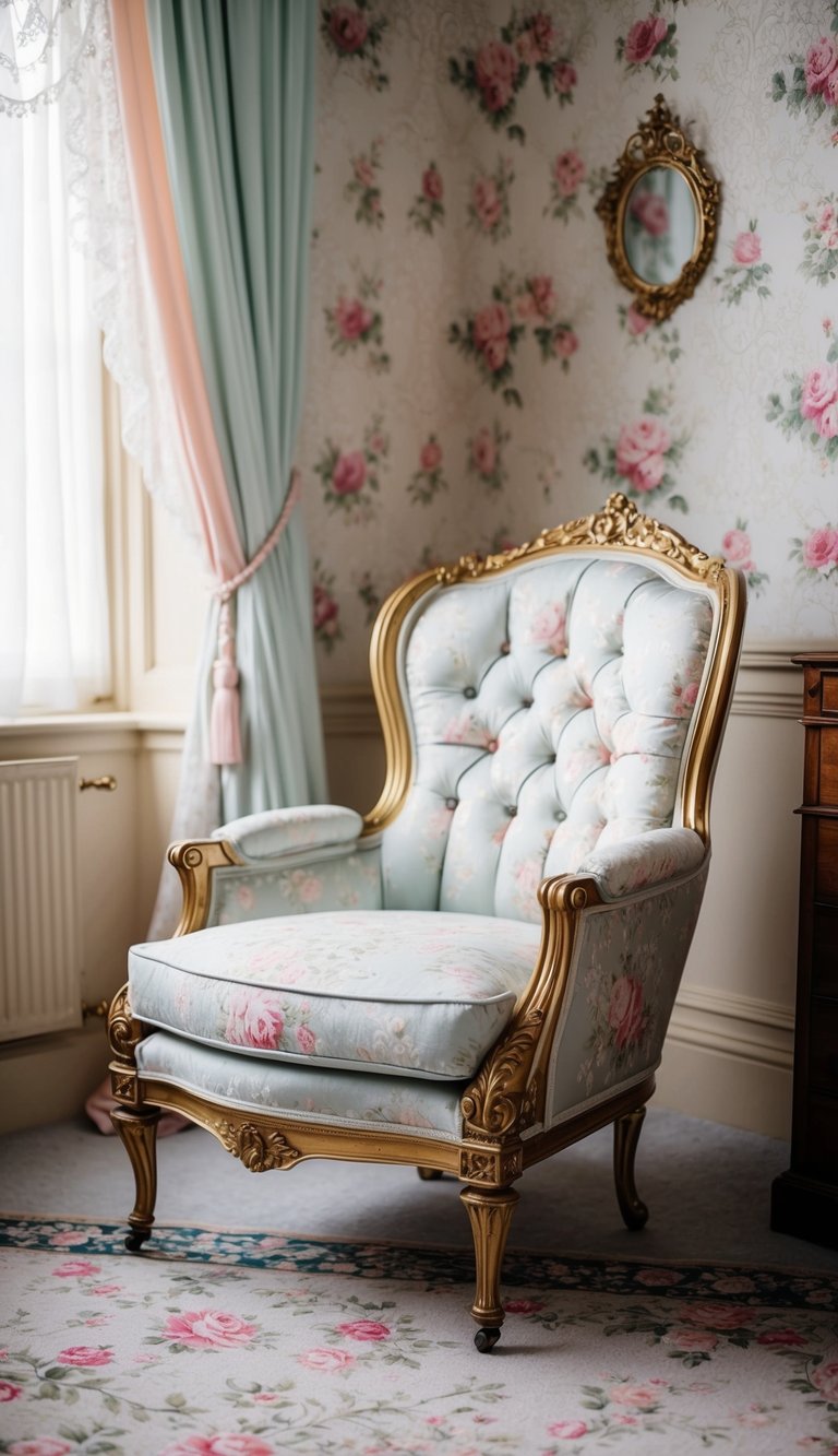 A Victorian armchair sits in a vintage princess bedroom, adorned with delicate lace, floral patterns, and pastel colors