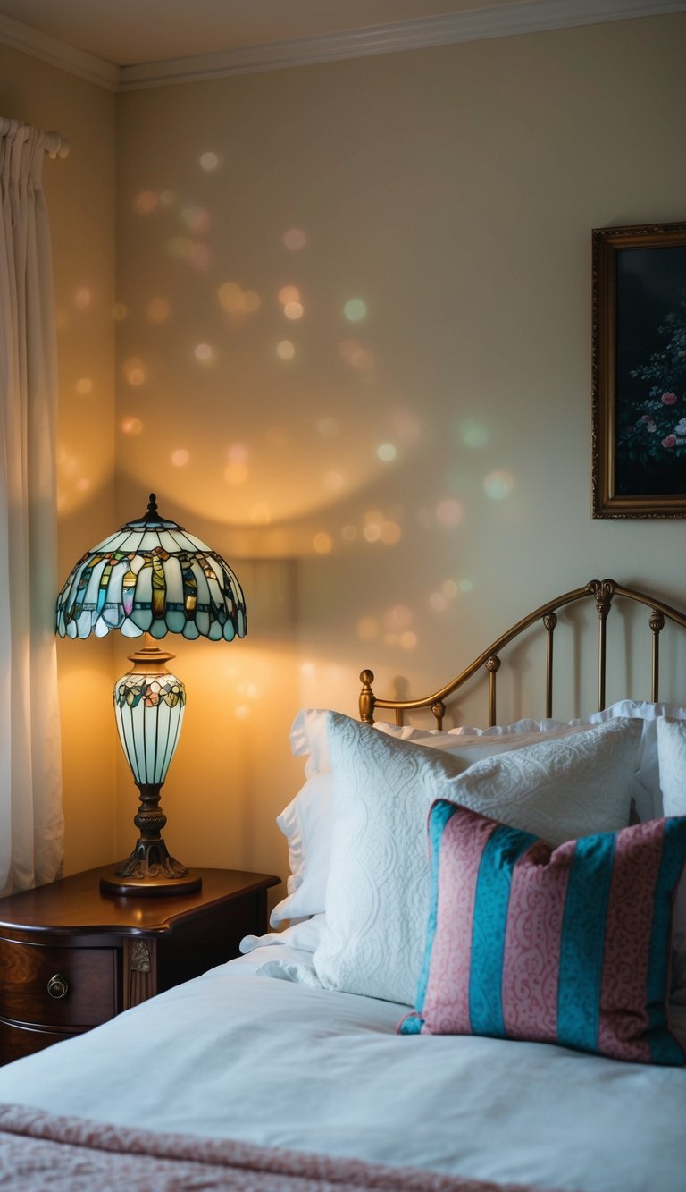 A cozy bedroom with a vintage princess aesthetic, featuring a Tiffany stained glass lamp as the focal point of the room