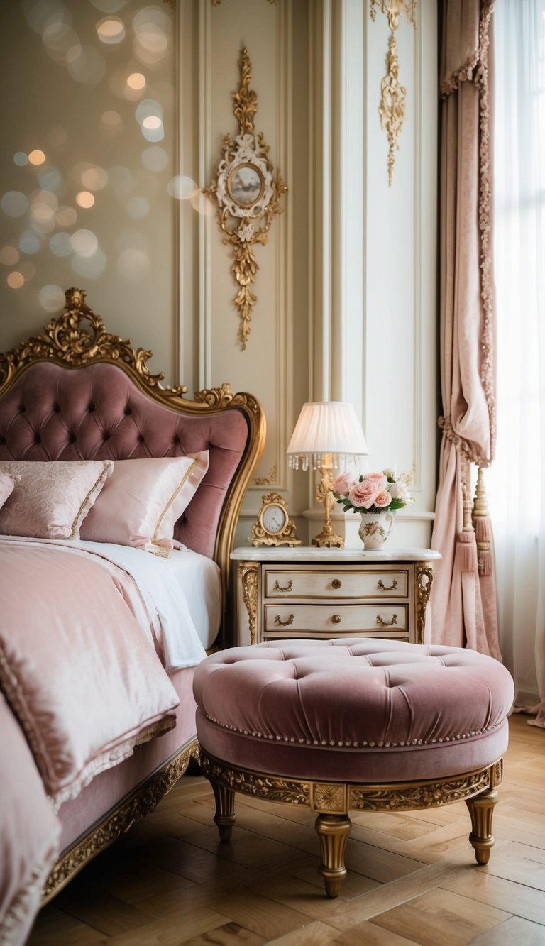 A plush velvet vanity stool sits in a regal vintage bedroom with ornate decor and soft pastel hues