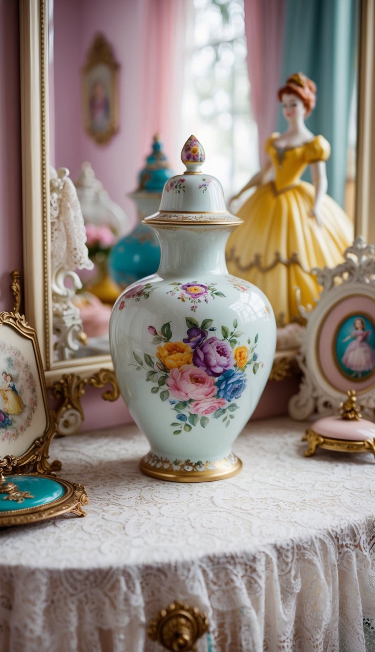 An ornate, hand-painted ceramic vase sits on a lace-covered vanity, surrounded by vintage princess-themed decor and soft pastel colors