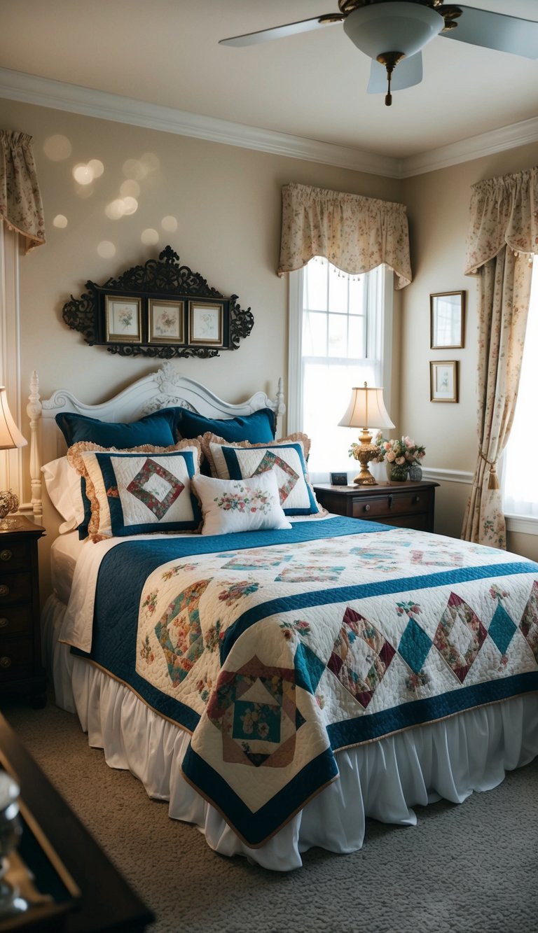 A cozy bedroom adorned with Victorian-inspired quilts and vintage princess aesthetic decor