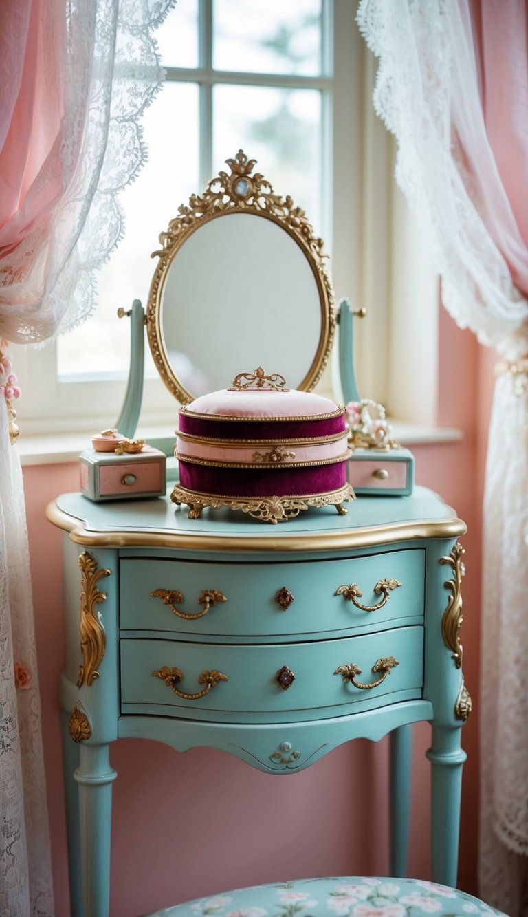 An ornate jewelry box sits atop a vintage vanity in a princess-themed bedroom, surrounded by delicate lace curtains and soft pastel colors