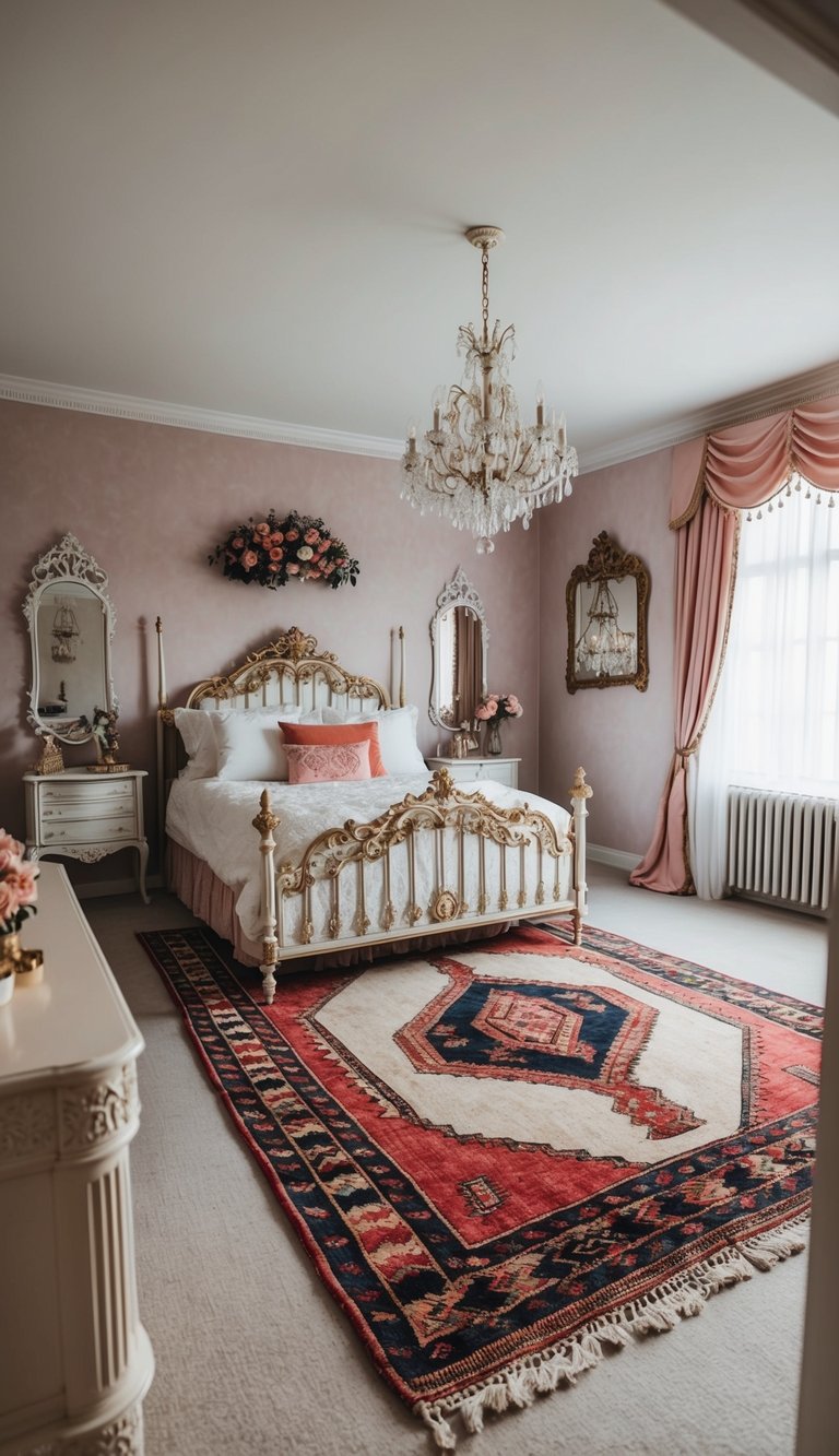 A vintage Turkish kilim rug in a princess-themed bedroom with ornate furniture and delicate decor