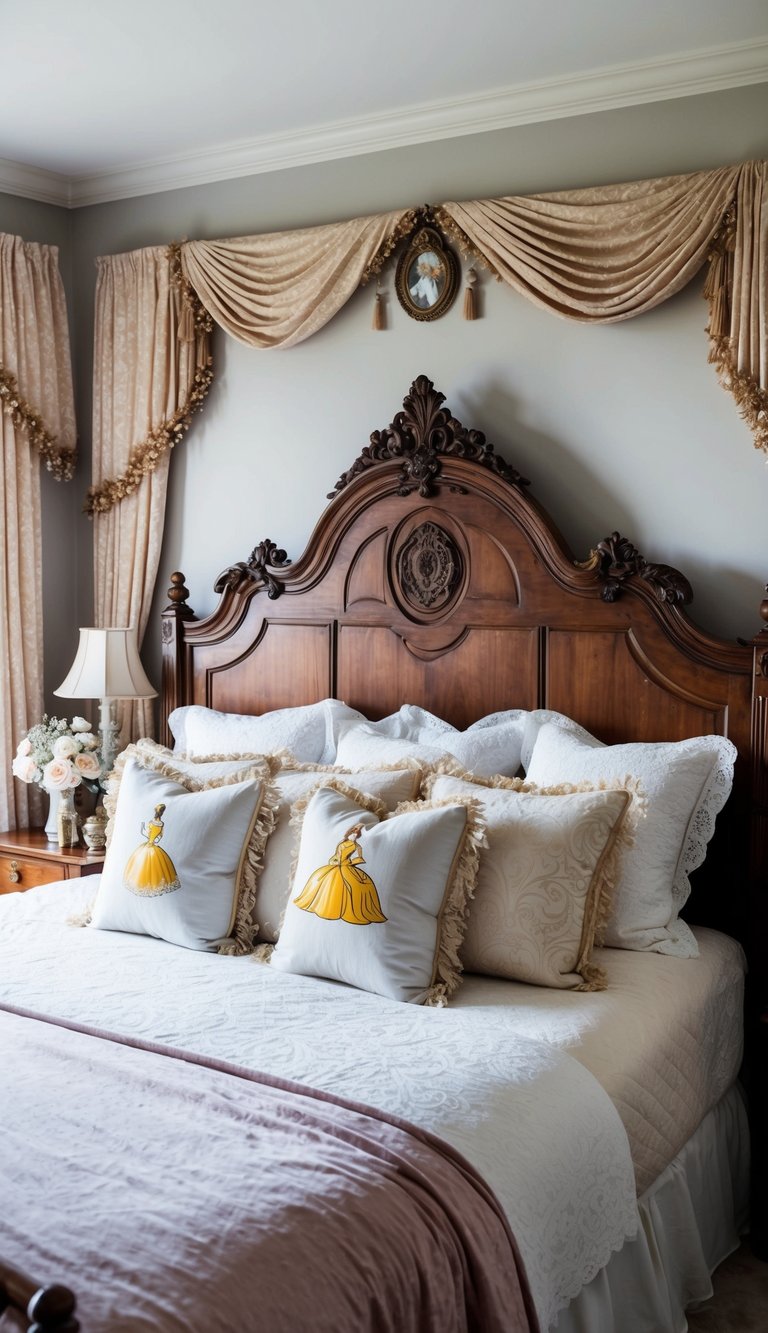 A cozy bedroom with a carved wooden headboard, adorned with vintage princess decor and soft, elegant furnishings