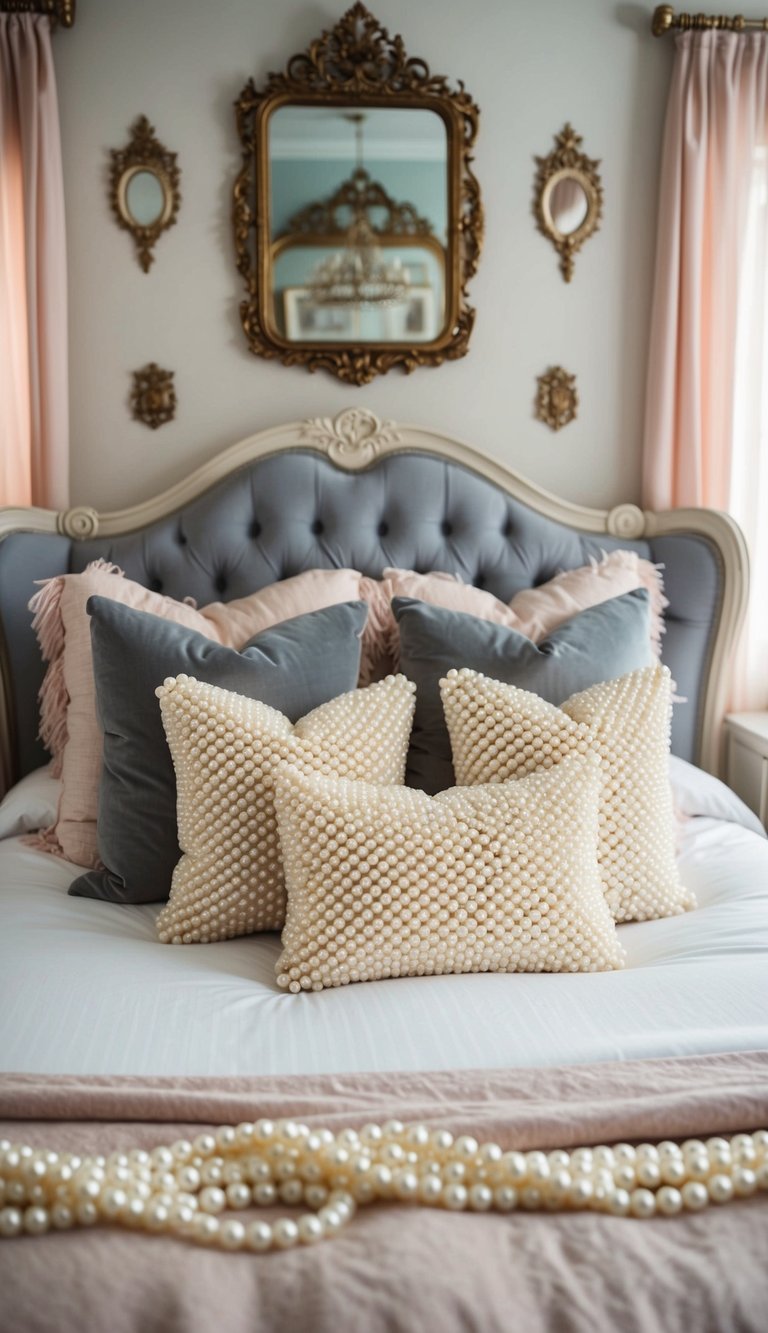 A cozy bed with pearl beaded throw pillows surrounded by vintage princess aesthetic bedroom decor